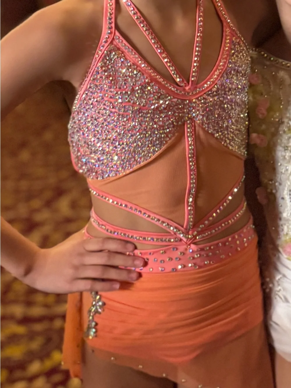 Coral custom CM dance costume loaded with stones!